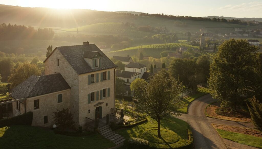 Expert immobilier en Nouvelle-Aquitaine avec maison et vignoble surplombant un village