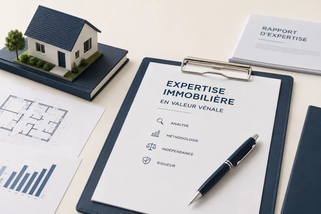Documents d’expertise immobilière en valeur vénale avec plan et maison miniature