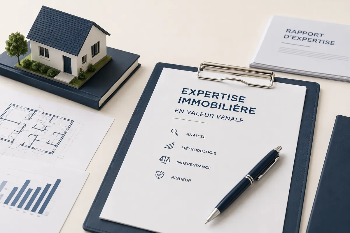 Documents d’expertise immobilière en valeur vénale avec plan et maison miniature